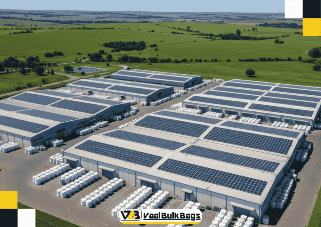 Aerial view of large industrial buildings with solar panels on the roofs and white bulk bags stacked outside, surrounded by green fields. V3 Veal Bulk Bags logo at the bottom.
