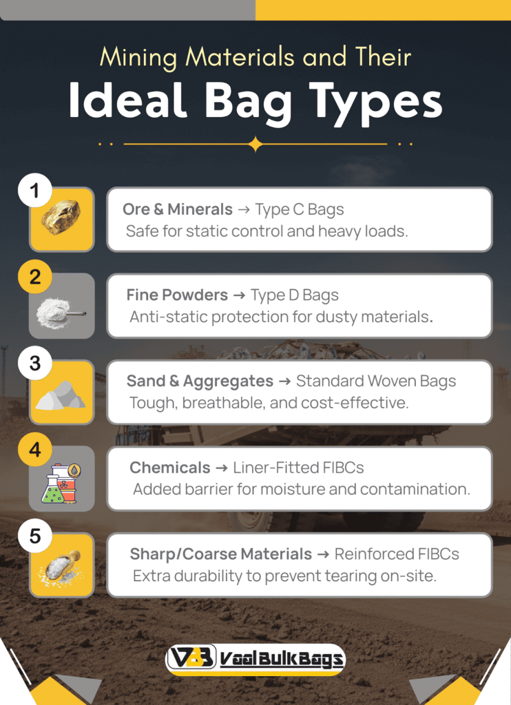 Infographic listing ideal bag types for mining materials: ore, fine powders, sand, chemicals, and sharp materials, with icons and descriptions for each category.